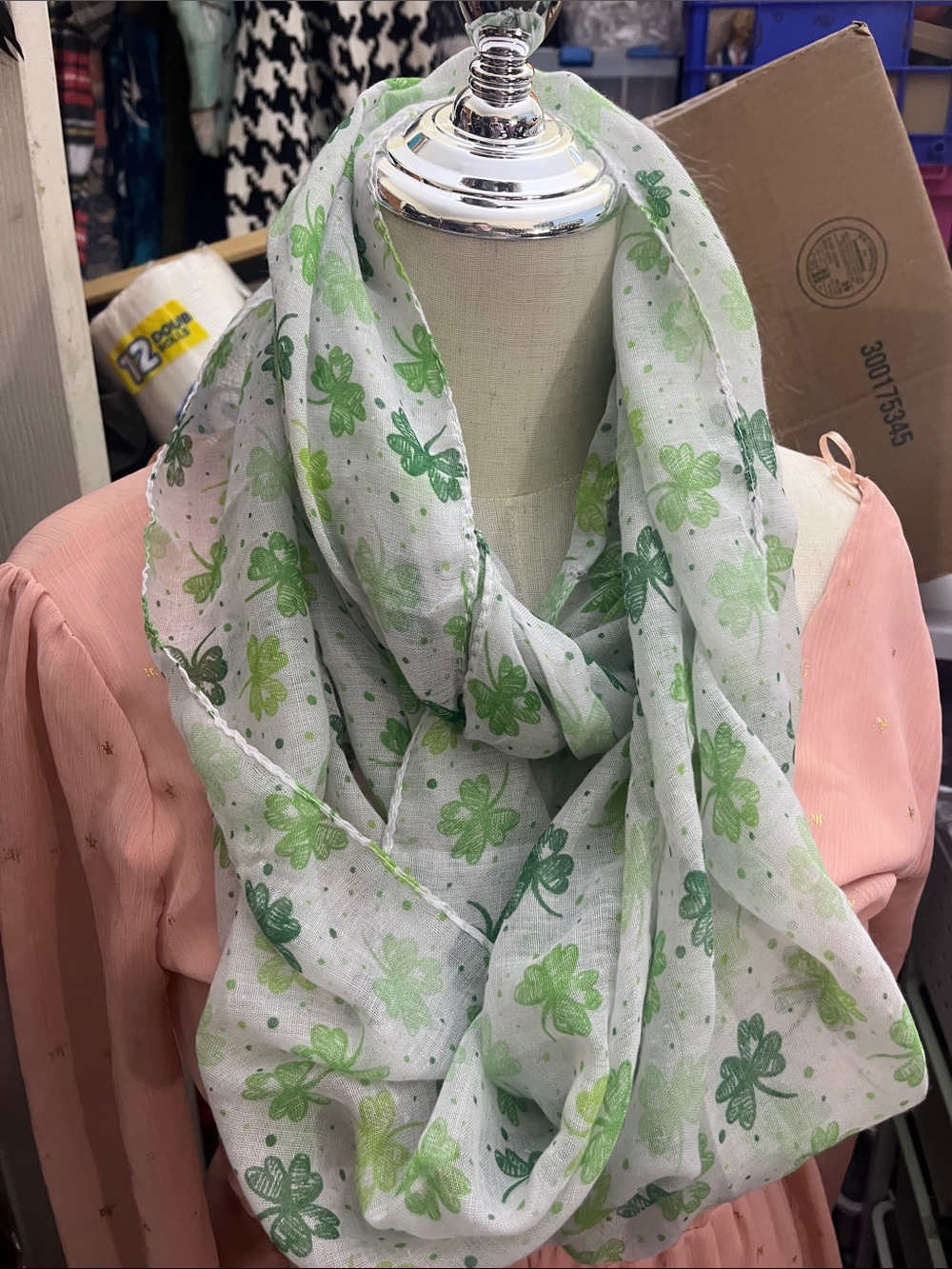 Lightweight Shamrock Green and White Infinity Wrap Great for St Patty’s Day S228